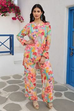 Multi color shirt with all over floral blossom print and placement hand embroidery. Paired with floral print pant. - Aza Fashions Print Pant, Pant Women, Floral Print Pants, Blossom Print, Pant Sets, Floral Print Shirt, Color Shirt, Full Sleeves, Round Collar