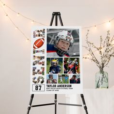 a football poster is displayed on an easel