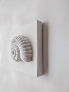 a white sculptural sculpture mounted on a wall