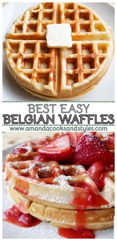 waffles with strawberries and powdered sugar on top are shown in this collage