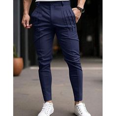 Season:Spring   Fall; Fabric:Cotton Blend; Gender:Men's; Style:Fashion,Streetwear; Elasticity:Micro-elastic; Occasion:Daily,Going out,Outdoor; Fit Type:Regular Fit; Function:Soft,Comfort; Waistline:Mid Waist; Pattern:Plain; Design:Pocket,Elastic Waist,Pleats; Pants Type:Chinos,Trousers,Casual Pants,Chino Pants; Fly Type:Zipper,Button; Front page:FF; Listing Date:10/17/2024; Pants Length:Full Length Casual Slim Fit Solid Color Bottoms, Casual Solid Color Slim Fit Bottoms, Blue Slim Fit Casual Pants, Casual Blue Slim Fit Pants, Stretch Tapered Leg Bottoms, Blue Slim Fit Casual Dress Pants, Blue Dress Pants With Pockets For Summer, Slim Fit Blue Bottoms For Summer, Casual Fitted Blue Dress Pants