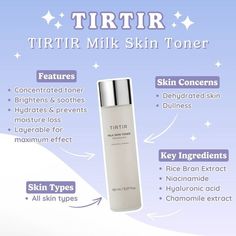 TIRTIR Milk Skin Toner is a concentrated formula perfect for all skin types, designed to hydrate, brighten, and soothe the skin. Combat concerns like dehydration and dullness with key ingredients such as Rice Bran Extract, Niacinamide, Hyaluronic Acid, and Chamomile Extract. Layerable for maximum effect, this toner locks in moisture and delivers glowing, refreshed skin! #TIRTIR #MilkToner #HydratingToner #BrighteningSkin #SkinCareEssentials #AllSkinTypes #Niacinamide #HyaluronicAcid #GlowingSkin #SkincareRoutine Toner Recommendations, Compressed Skin Care Mask Sheets, French Skincare, Skin Advice, Skincare Brands, Dermatological Skin Care, Hydrating Toner, Rice Bran, Skin Toner