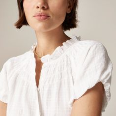 J.Crew: Smocked-neck Top In Textured Gauze For Women Summer Tops With Crinkle Texture For Daywear, Summer Crinkle Texture Top For Daywear, Casual Tops With Gathered Neckline For Daywear, White Crinkle Texture Blouse, Spring Cotton Gauze Short Sleeve Tops, Spring Short Sleeve Cotton Gauze Tops, Feminine Smocked Top With Gathered Neckline, Chic Crinkle Texture Blouse For Daywear, Daywear Peasant Top With Smocked Bodice