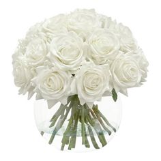 a bouquet of white roses in a clear vase