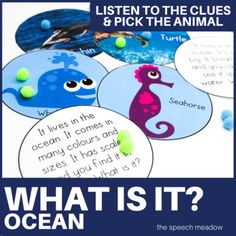 an advertisement for the ocean with pictures of sea animals and words that say, listen to the clues & pick the animal