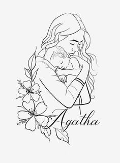 a drawing of a woman holding a baby in her arms with the word'aaatha'written on it