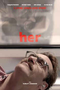 the movie poster for her features a man with glasses looking up to his left side