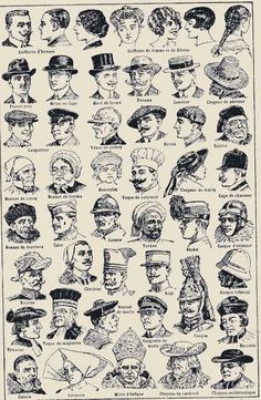 an old poster with many different types of hats and people's names on it