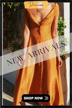 Solid Buttons Down Sleeveless V-neck Elegant Maxi Dress Orange V-neck Sleeveless Summer Dress, Chic A-line V-neck Dress For Summer, Summer Party V-neck Dress With Notched Neckline, Brown V-neck Midi Dress, Chic Brown V-neck Dress For Spring, Solid V-neck Dress For Summer Beach, Solid Color V-neck Beach Dress For Summer, Chic Sleeveless Dress With Notched Neckline For Spring, Chic Spring Sleeveless Dress With Notched Neckline