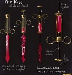 three different types of red and gold items