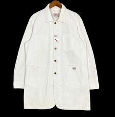 Smith American Chore Jacket Union Made Workers Jacket White Size Large  * Made in : China * Size on Tag : XL * Manual Measurement (inch) : Chest 21, Length 35, Shoulder 18.5, Sleeve 24, Hem 24. * Recommended for Size : Large (L) & (M) Medium * Color : White * Condition : Excellent with all over washable stains (will dry clean before shipping). * See photos for details. * Free Defect : No Holes, No Tears, No Faded. 88XX White Long Sleeve Sport Coat For Fall, White Long Sleeve Sport Coat With Pockets, Winter White Utility Jacket With Pockets, White Long Sleeve Utility Jacket For Winter, White Winter Utility Jacket, White Utility Jacket For Winter, White Winter Sport Coat With Pockets, Winter White Sport Coat With Pockets, Casual White Outerwear With Patch Pockets