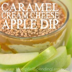 caramel cream cheese apple dip in a glass bowl