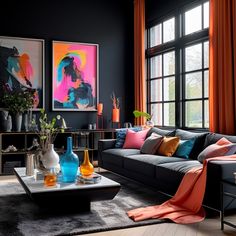 a living room filled with lots of furniture and colorful paintings on the wall above it