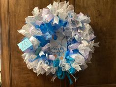 a blue and white wreath on the front door for someone's 80th birthday