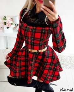 Color: red, Size: XL Christmas Long Sleeve Mini Dress For Date Night, Red Non-stretch Winter Dress, Plaid Mini Dress For Party, Red Non-stretch Dress For Fall, Casual Plaid Dress For Parties, Fitted Plaid Long Sleeve Mini Dress, Plaid Fitted Long Sleeve Mini Dress, Fitted Plaid Mini Dress With Long Sleeves, Winter Party Plaid Mini Dress