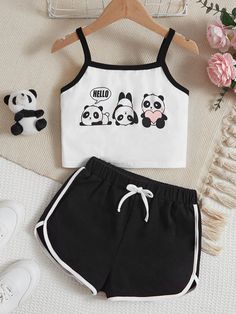 Tween Girl Panda Print Contrast Binding Cami Top & Shorts Black and White Casual    Animal,Cartoon,Colorblock,Letter  Slight Stretch Summer Tween Girls Clothing, size features are:Bust: ,Length: ,Sleeve Length: Siluete Umane, Cute Pajama Sets, Cute Dress Outfits, Casual Preppy Outfits, Cute Pajamas, Cute Preppy Outfits, Easy Trendy Outfits, Tween Outfits, Simple Trendy Outfits