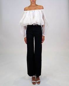 The Ellie top features an off-the-shoulder neckline on a cropped silhouette with ruffle hem. Midi Gowns, Organza Top, 7 Jeans, Instagram Shop, Ruffle Hem, Best Sellers, Off The Shoulder, Lookbook, Perfect Fit