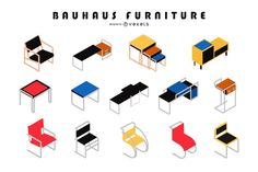 an assortment of different chairs and tables in various colors, shapes and sizes with the text bauhus furniture