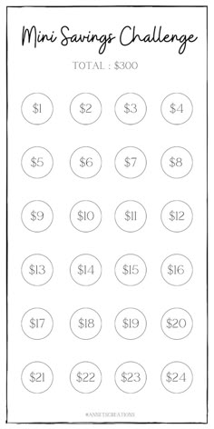 the printable mini savings challenge is shown in black and white with numbers on it