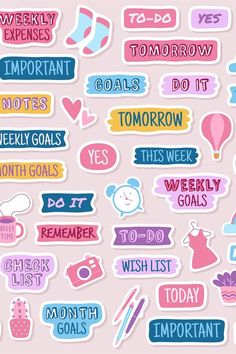 colorful stickers with different words and phrases on pink background stock photo - budget conscious