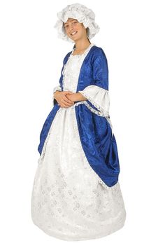 INCLUDED: -Dress Only Includes: Satin polyester jacquard 2 pc. colonial dress with zipper back, broadcloth lined bodice, skirt with adjustable side panniers, trimmed with white polyester lace. -Base Costume Includes: Everything from Dress Only option plus, white lace shawl, and lace trimmed mob cap. -Value Bundle Includes: Everything from Base Costume option plus, hoop skirt , wig, white marabou feathered hand fan. Our children's historical and period costumes are individually crafted with caref Victorian Dress With Historical Design For Fancy Dress, Spring Victorian Costume Dress With Historical Design, Spring Victorian Dress Costume With Historical Design, Spring Victorian Dress Historical Design For Costume, Spring Victorian Dress With Historical Design For Costume, Spring Regency Style Victorian Dress Costume, White Regency Style Victorian Costume Dress, Historical Prairie Dress Costume, White Victorian Dress With Historical Design For Costume