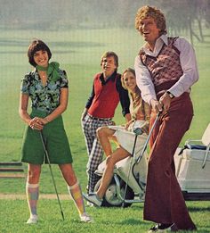 an old photo of people playing golf in the grass with one woman holding a golf club