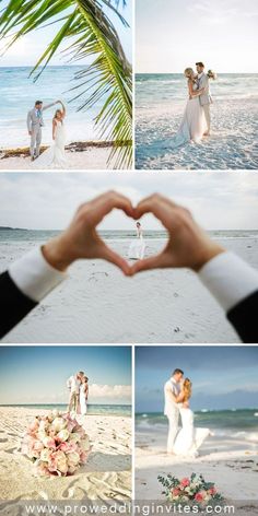 a couple making a heart shape with their hands on the beach in front of them