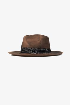 The Weiland Fedora Hat is a tribute to the legendary Scott Weiland, known for his unique style and captivating performances. This hat features a classic fedora design that has been updated with modern elements for a distinctive look. Handcrafted from 100% Merino wool, the dark brown hat is heavily reliced for a vintage-inspired appearance that pays homage to Weiland's iconic style. 

The hat is finished with a distressed bandana, waxed rope, and signature guitar pic, adding to its rustic appeal. Guitar Pic, Scott Weiland, Signature Guitar, Brown Hat, Guitar Pics, Cotton Headband, Brown Hats, Fedora Hat, Stylish Accessories