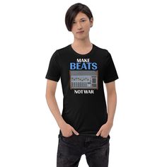 DMX "Make Beats Not War" Unisex T-Shirt Embrace nostalgia with this "Make Beats Not War" DMX inspired design. This vintage drum machine t-shirt sports a humorous twist, effortlessly blending the old-school charm with an upbeat message. A perfect choice for beat enthusiasts and vintage drum machine lovers alike. Additional Information This t-shirt is everything you've dreamed of and more. It feels soft and lightweight, with the right amount of stretch. It's comfortable and flattering for all. • 1 Band Merch T-shirt With Graphic Print For Sports, Black Slogan T-shirt For Sports Events, Black Music-themed T-shirt With Text Print, Black Music-themed T-shirt With Letter Print, Pre-shrunk Black Music-themed T-shirt, Black Retro T-shirt For Sports Events, Retro Black T-shirt For Sports Events, Black Pre-shrunk Music-themed T-shirt, Music-themed Pre-shrunk Black T-shirt