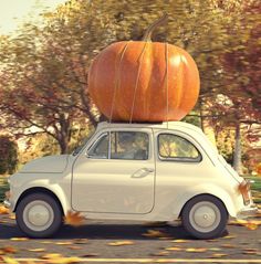 an old car with a giant pumpkin on the roof driving down a street in front of trees