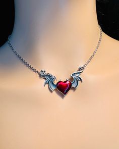 Gothic Heart Necklace, Wings Necklace, Wings Necklace, Red Heart Charm, Black Heart Charm, Valentines Gothic Gift, Valentines Jewelry Gift - Etsy Punk Style Necklace For Halloween Gift, Gothic Heart Charm Jewelry For Parties, Gothic Party Jewelry With Heart Charm, Heart-shaped Metal Jewelry For Halloween, Halloween Heart-shaped Metal Jewelry, Gothic Heart Pendant Jewelry, Gothic Metal Heart Necklace For Valentine's Day, Punk Metal Heart Necklace For Valentine's Day, Punk Style Metal Heart Necklace For Valentine's Day