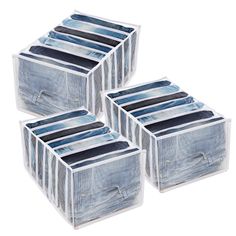 four clear storage boxes with blue and white stripes