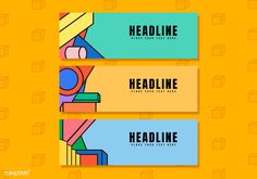 three colorful banners with different shapes and sizes on the same page, one is for headline