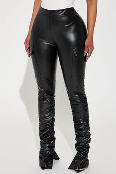 Available In Black. Stacked Legging High Rise Pull On Cargo Pockets Split Hem Stretch Coated With PU 100% Polyester Imported | Lose Control Cargo Stacked Legging in Black size Small by Fashion Nova Stacked Leather Pants, Lose Control, Club Outfits For Women, Club Outfits, Split Hem, Matching Dresses, Active Wear For Women, Simple Outfits, Black Leggings