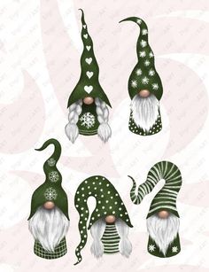 green and white gnomes with hearts on their heads, one is wearing an elf's hat