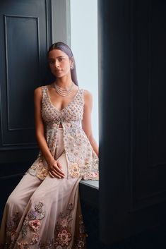 Three-Dimensional Floral Sharara Set Floral Sharara, Thread Work Embroidery, Seema Gujral, Sharara Designs, Indian Bridesmaid Dresses, Sangeet Outfit, Mehendi Outfits, Indian Outfits Lehenga, Traditional Indian Dress