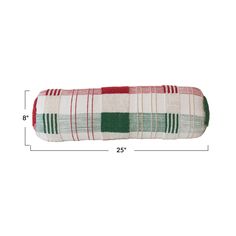 the length of a pillow that is in front of a white background with green and red plaid