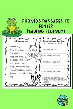 a frog reading fluen with the words phonic's passages to fosterer reading