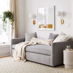 a living room with a gray couch and white rug on top of the floor next to a window