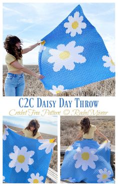 the crochet daisy blanket is made with two different colors and has daisies on it