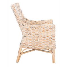 a wicker chair with wooden legs and an upholstered back, on a white background