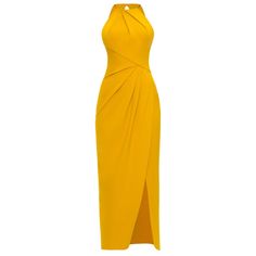 Draped Dress Sofia Yellow | Angelika Jozefczyk | Wolf & Badger Fitted Maxi Dress For Dinner, Fitted Evening Dress With Asymmetrical Neckline, Pre-draped Fitted Sleeveless Evening Dress, Fitted Sheath Maxi Dress For Dinner, Fitted Sleeveless Pre-draped Evening Dress, Sheath Evening Dress For Gala, Fitted Pre-draped Evening Dress, Ruched Bodycon Dress For Wedding, Fitted Sheath Maxi Dress With Ruched Detail