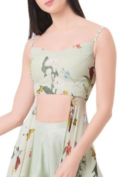 Shop for Mahima Mahajan Green Printed Draped Crop Top for Women Online at Aza Fashions Green Floral Print Crop Top, Fitted Green Floral Print Crop Top, Green Floral Print Sleeveless Crop Top, Georgette Crop Top, Mahima Mahajan, Pista Green, Crop Top For Women, Crop Tops Online, Top For Women