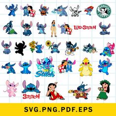 various cartoon characters are shown in this image