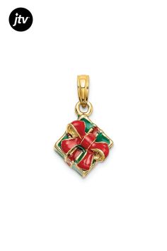 14k yellow gold 3D with enamel green gift box with red bow charm. Measures approximately 3/4"L x 7/16"W and has a 6mm bail. Green Pendant Charms For Gifts, Yellow Gold Enamel Charms For Gift, Elegant Green Charms For Gifts, Green Holiday Jewelry Gift, Holiday Gift Green Jewelry, Valentine's Day Gift Charms In Yellow Gold, Enamel Jewelry For Gifts, Red Jewelry Gift Box Included, Red Jewelry With Gift Box