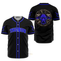 a black baseball jersey with blue trim and an image of the chicago bulls on it