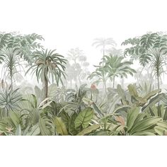 an image of a tropical scene with palm trees and other plants in the foreground