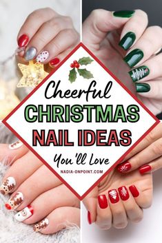 Christmas Nail Art Reindeer, Simple Christmas Nail Designs Acrylic, Christmas Nail Art Designs French Tips, Christmas Nail Ideas Holiday Simple, Christmas Lights Nail Art, Christmas Tree On Nails, Santa Nails Design, Reindeer Nail Designs, Almond Nails Christmas Designs