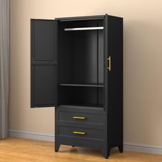 a black armoire with two drawers and a yellow handle on the bottom drawer, in front of a beige wall