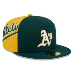 Instantly elevate your collection of Oakland Athletics headwear with this Sideswipe 59FIFTY hat from New Era. It features embroidered graphics that engulf the hat in team spirit and are visible from all angles, while also being accented by a vibrant two-tone colorway. This cap's fitted construction ensures a precise and comfortable wear each time you put it on, making it a perfect choice to top off any outfit with Oakland Athletics pride. Officially licensed Brand: New Era High Crown Flat bill w Yellow Cap For Sports Events, Green Fitted Hat For Baseball Season, Yellow Flat Bill Hat For Sports Events, Green Retro Sports Hat, Green Fitted Hat With Flat Brim For Sports Events, Green Flat Brim Fitted Hat For Sports Events, Curved Brim Hats For Sports Events, Green Baseball Cap For Baseball Season, Green Flat Bill Sports Hat